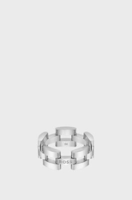 Link ring in steel with engraved logo, Silver tone