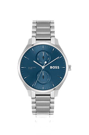 Blue-dial watch with stainless-steel link bracelet, Silver
