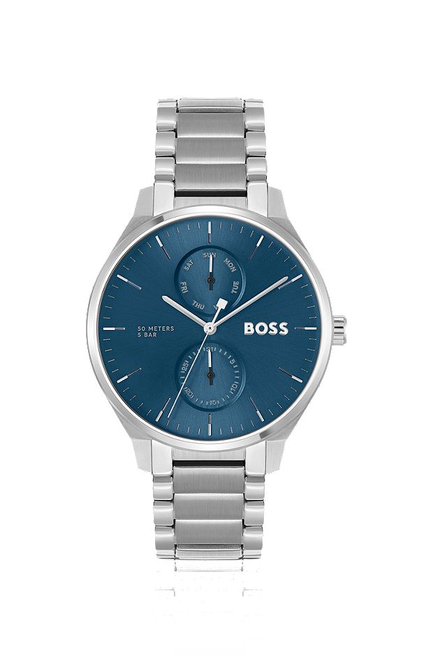 Uhr mit blauem Zifferblatt und Gliederarmband aus Edelstahl, Silber