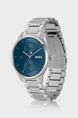Reloj de acero inoxidable con esfera azul y pulsera de eslabones, Plata