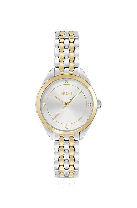 Uhr mit zweifarbigem Armband und Kristall-Indizes, Silber