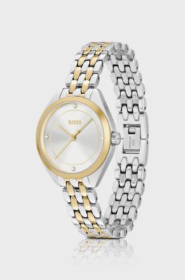 Crystal-index watch with two-tone bracelet, Silver