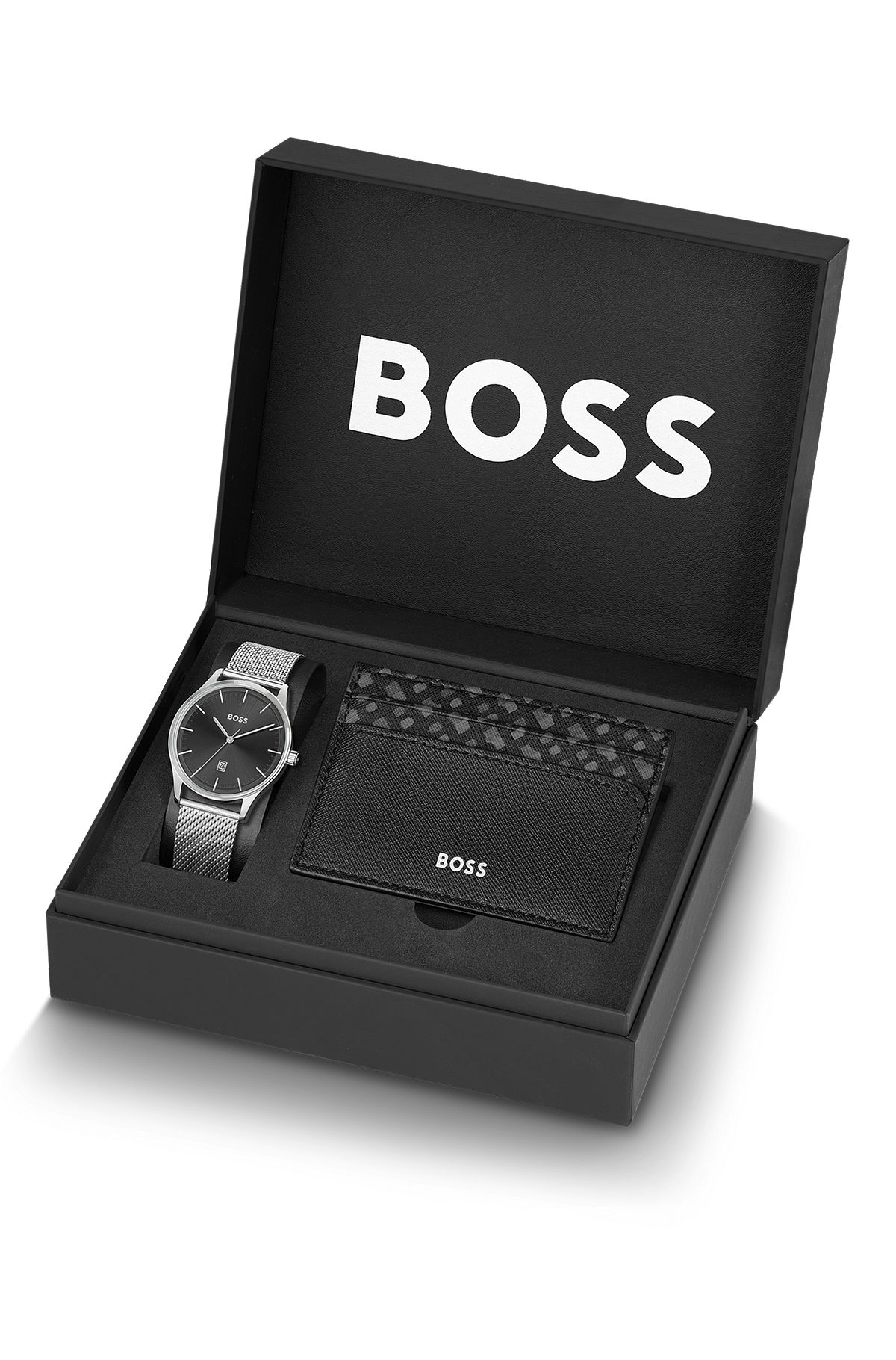 Gift-boxed watch and card holder with logo details, Silver