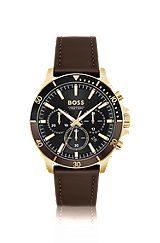 Chronograph watch with brown leather strap, Dark Brown