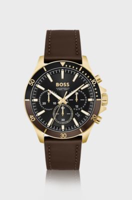 Montre chronographe &agrave; bracelet en cuir marron, Marron fonc&eacute;