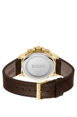 Chronograph watch with brown leather strap, Dark Brown