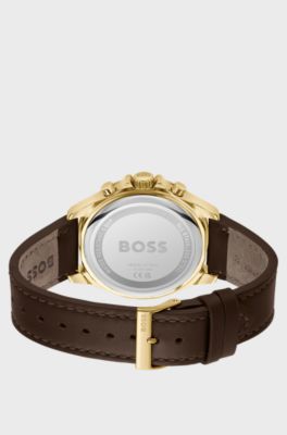 Chronograph watch with brown leather strap, Dark Brown