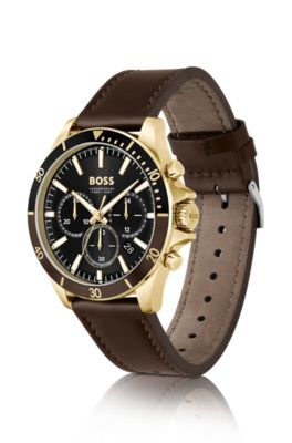 Chronograph watch with brown leather strap, Dark Brown