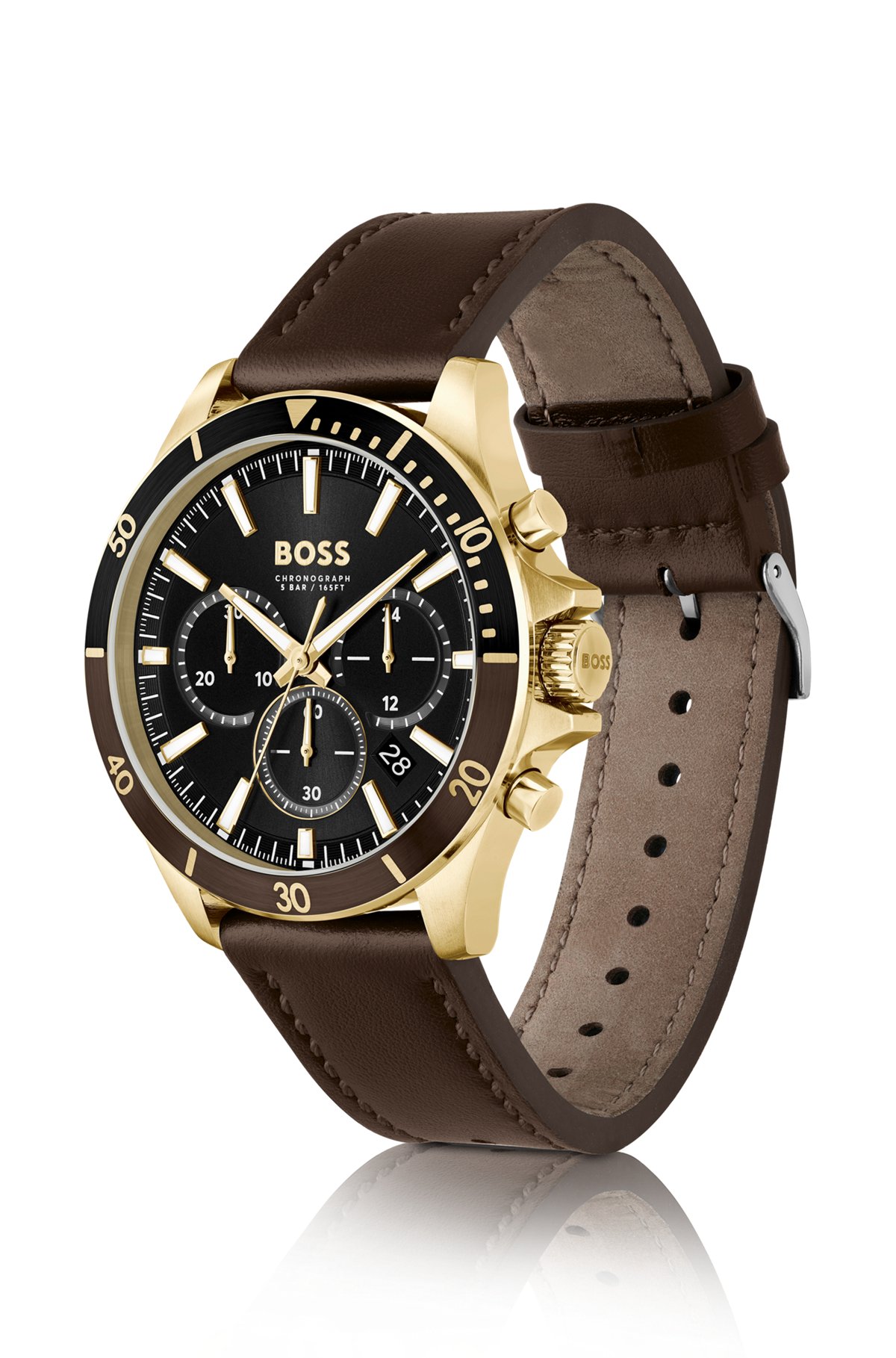Kronograf-ur med brun læderrem, Mørkebrun