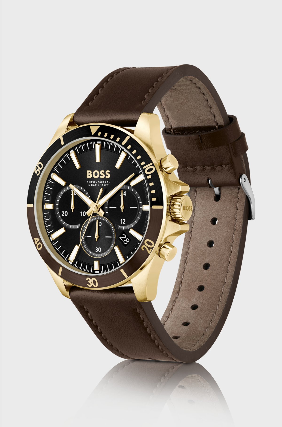 Chronograph watch with brown leather strap, Dark Brown