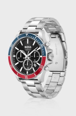 Link-bracelet chronograph watch with two-tone bezel, Silver