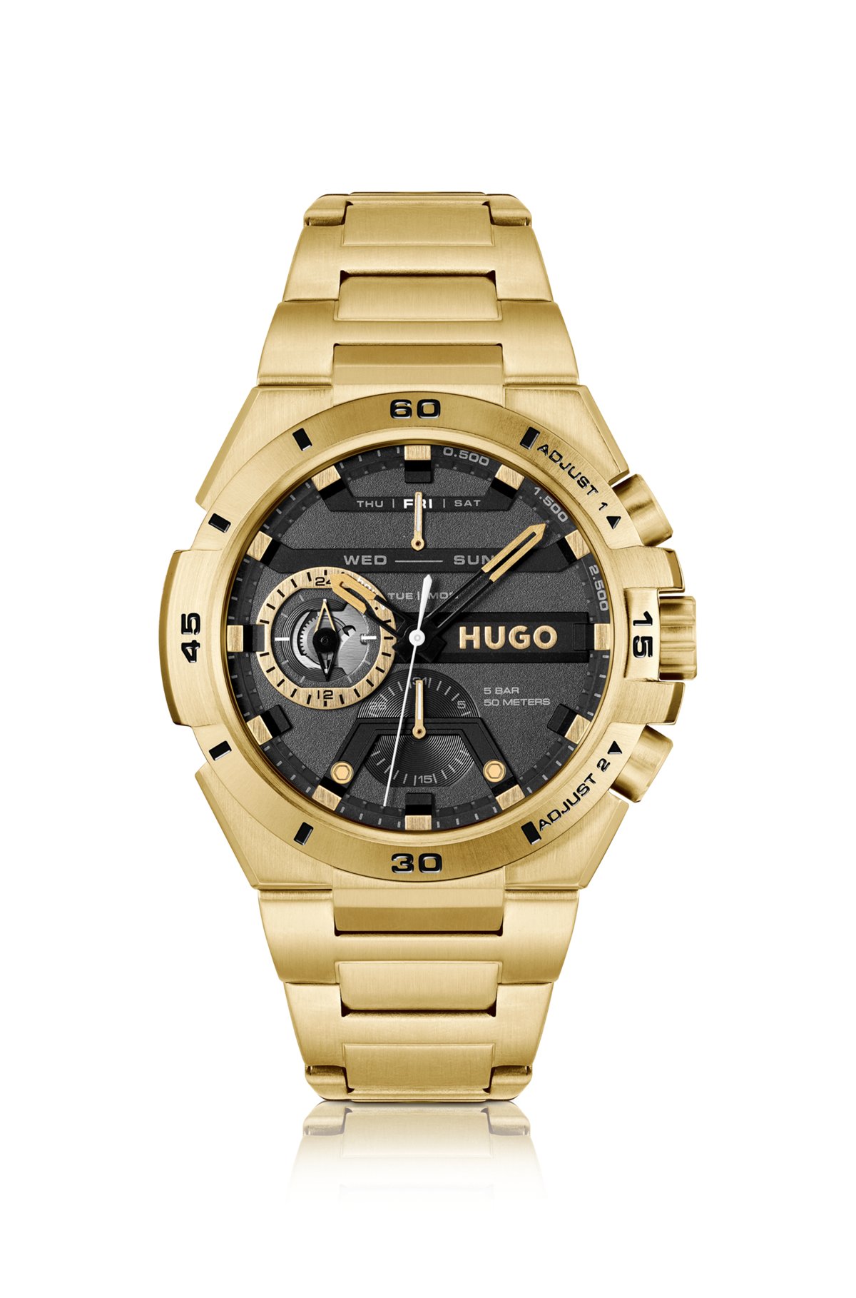 Black-dial watch in yellow-gold-tone steel, Gold