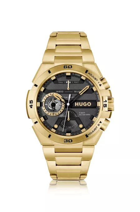 Black-dial watch in yellow-gold-tone steel
