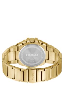 Horloge van geelgoudkleurig staal met zwarte wijzerplaat, goud