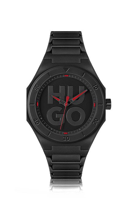 Zwart horloge met polsband van silicone en wijzerplaat met tweedelig logo, Zwart