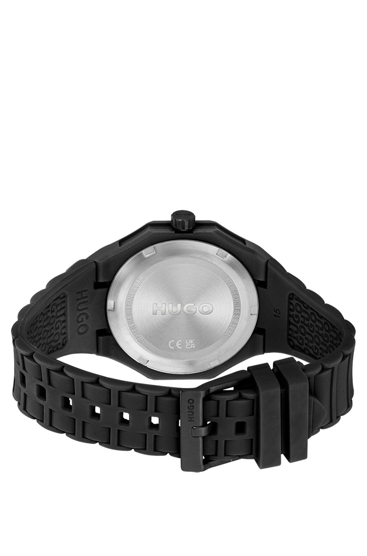 Black watch with silicone strap and stacked-logo dial, Black