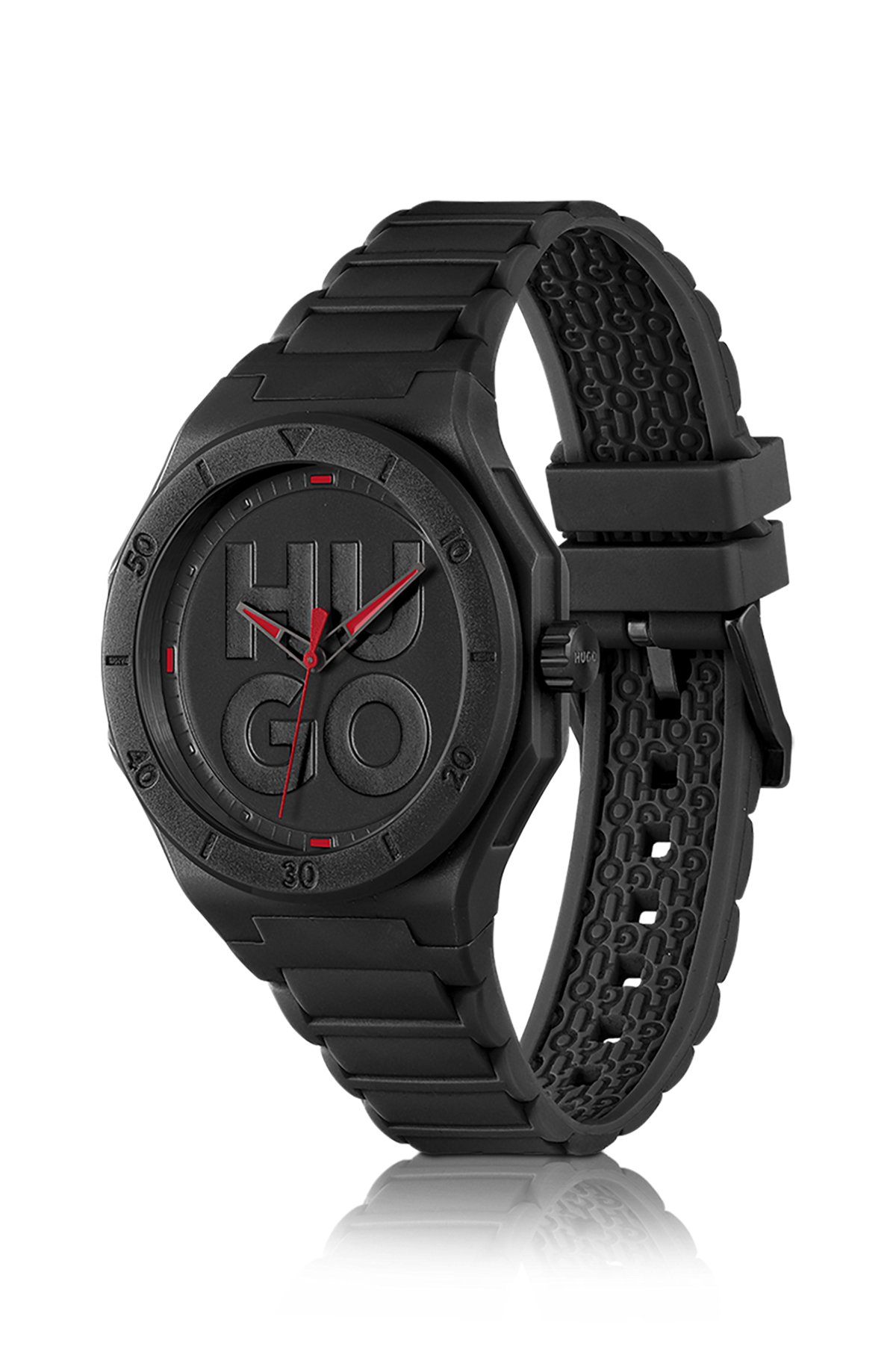 Black watch with silicone strap and stacked-logo dial, Black