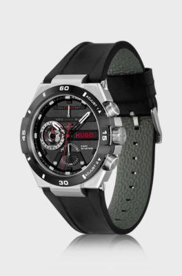 Klocka med svart urtavla och l&auml;derarmband, Svart