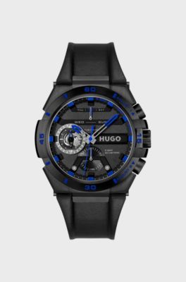 Black-plated watch with leather strap, Black