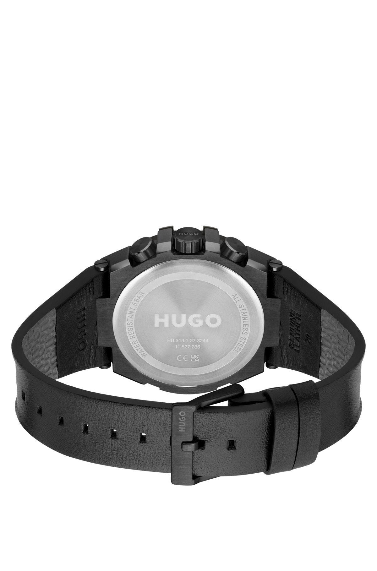 Black-plated watch with leather strap, Black