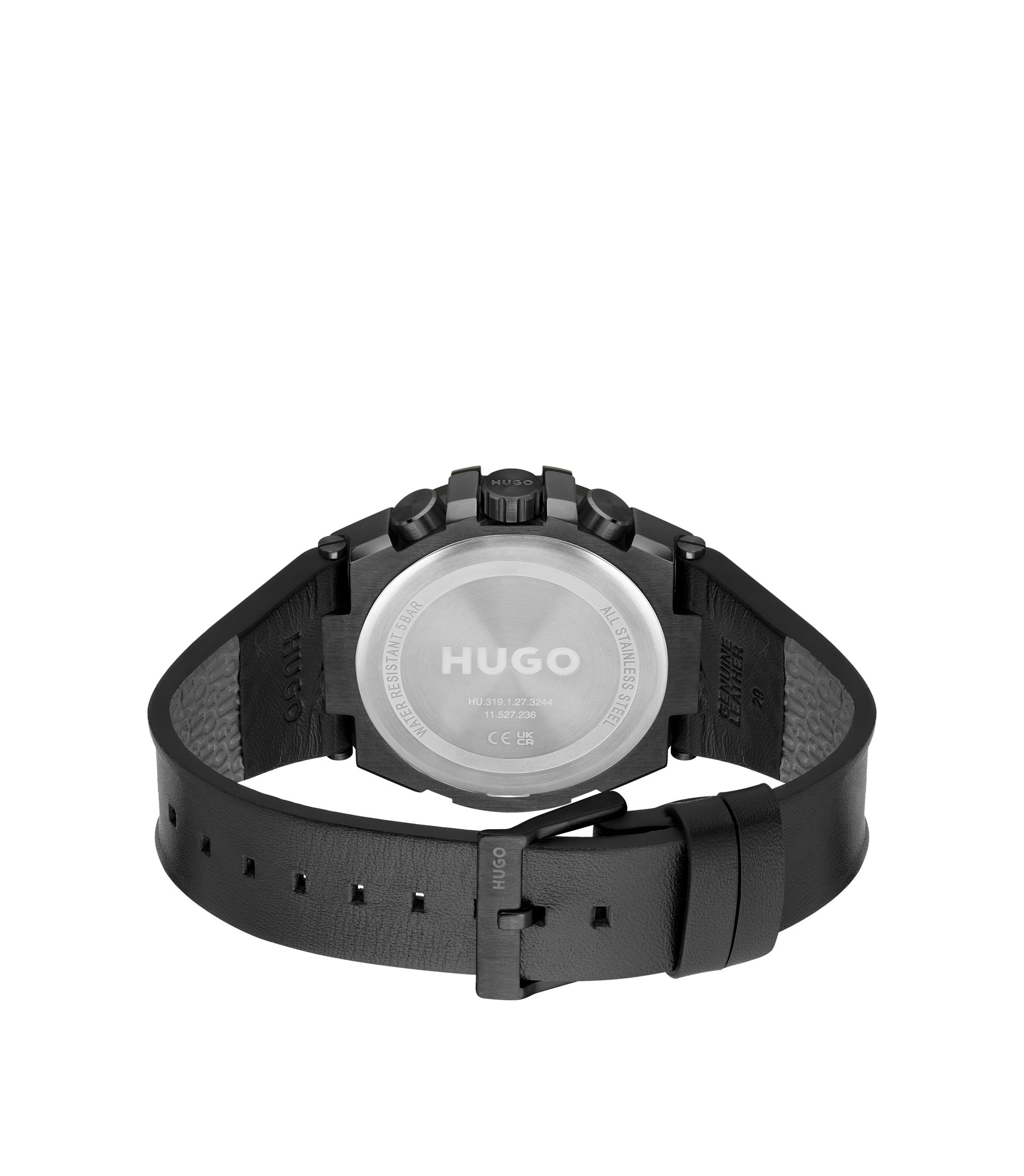 HUGO - Black-plated watch with leather strap - Black