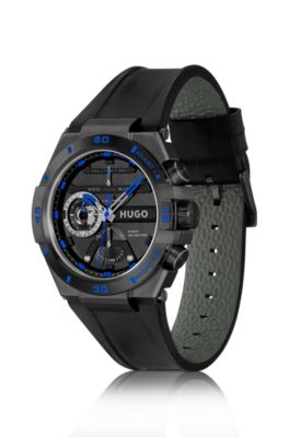 Black-plated watch with leather strap, Black