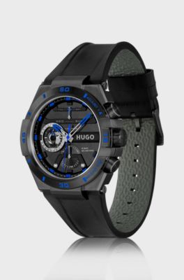 Black-plated watch with leather strap, Black