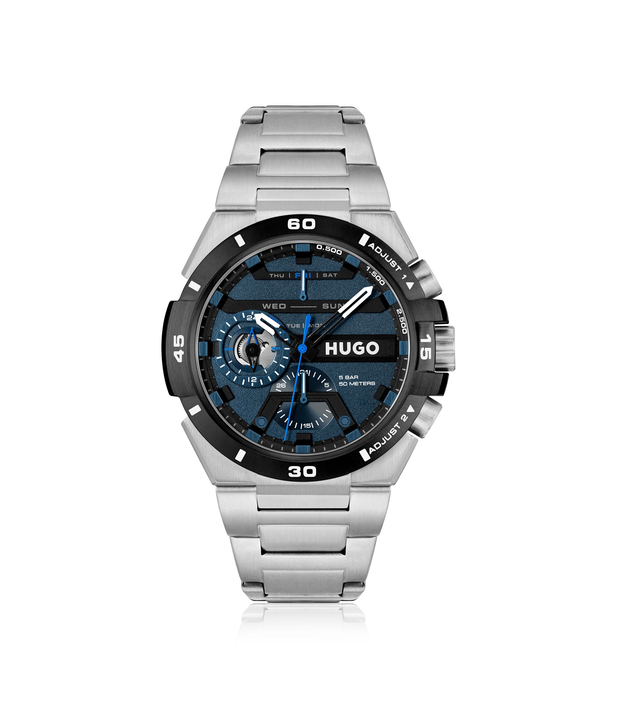 Uhr aus Edelstahl mit Gliederarmband und mehrschichtigem blauem Zifferblatt