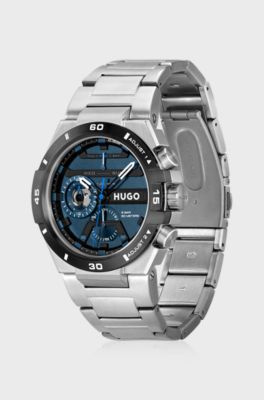 Montre &agrave; cadran superpos&eacute; bleu et bracelet &agrave; maillons, Argent