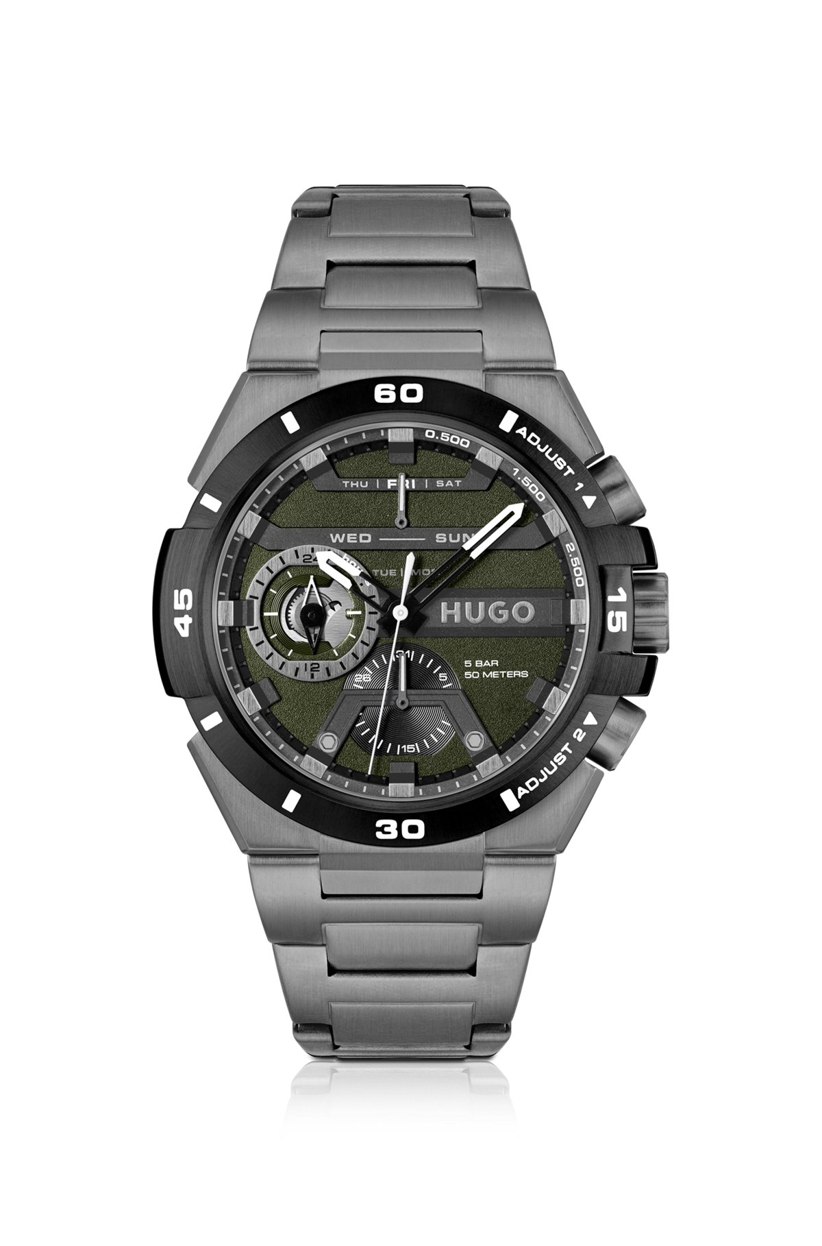 Link-bracelet watch with layered olive dial, Silver