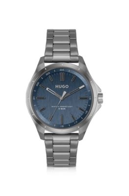 HUGO Blue dial watch in grey plated steel