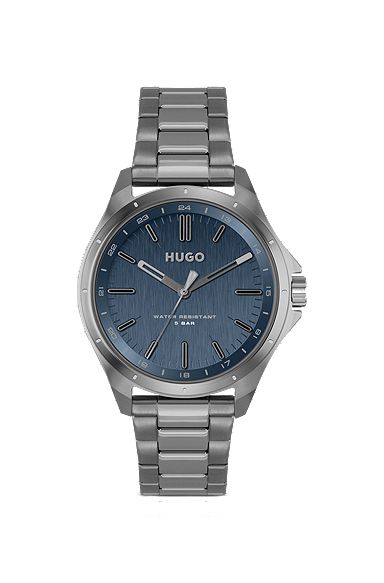 Blue-dial watch in grey-plated steel, Silver