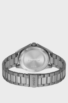 Blue-dial watch in grey-plated steel, Silver