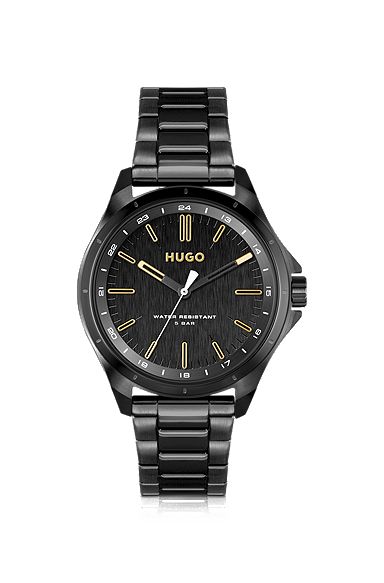 Black-plated watch with gold-tone indexes, Black