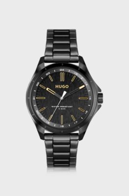Black-plated watch with gold-tone indexes, Black