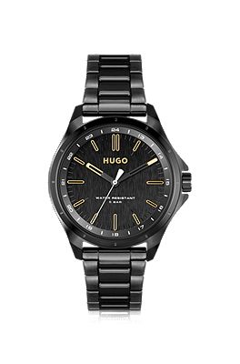 HUGO Black plated watch with gold tone indexes