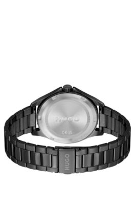 Black-plated watch with gold-tone indexes, Black