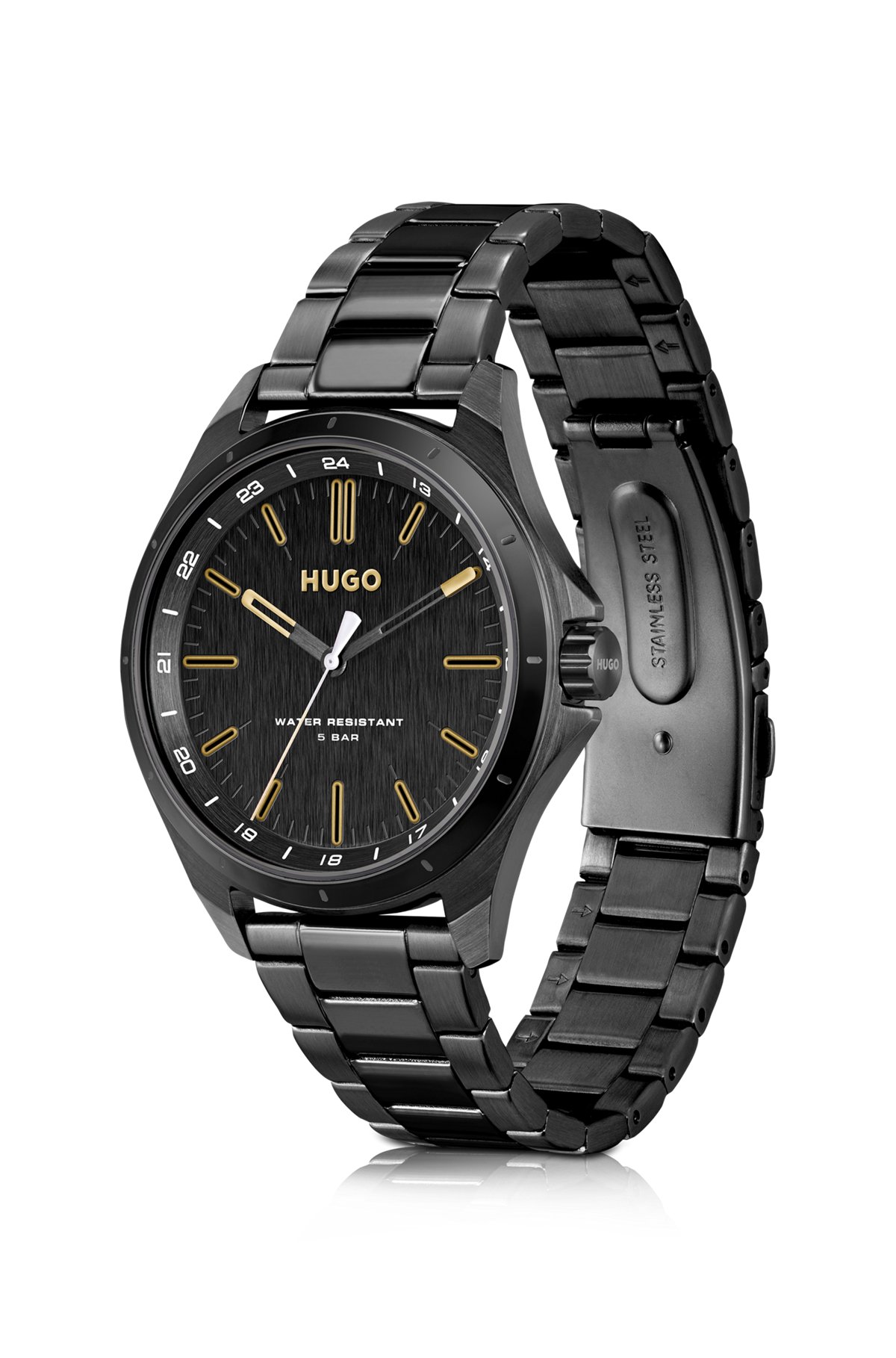 Black-plated watch with gold-tone indexes, Black