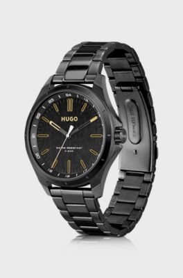 Black-plated watch with gold-tone indexes, Black