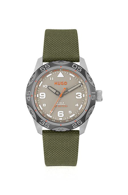 Uhr mit grauem Zifferblatt und grünem Textilarmband, Khaki