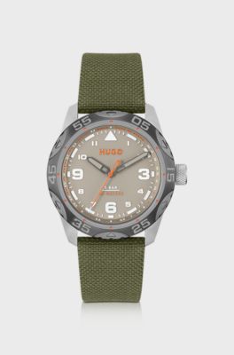 Grey-dial watch with green fabric strap, Khaki