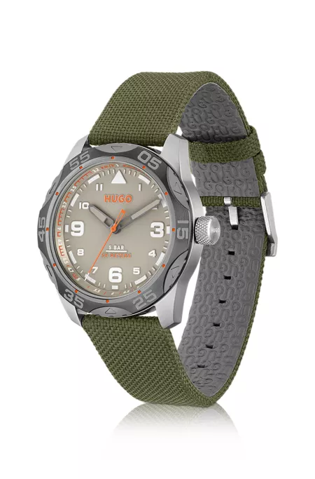 Grey-dial watch with green fabric strap