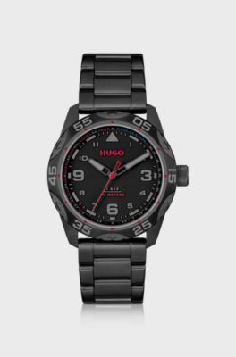 Black-plated watch with link bracelet, Black