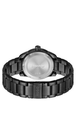 Black-plated watch with link bracelet, Black