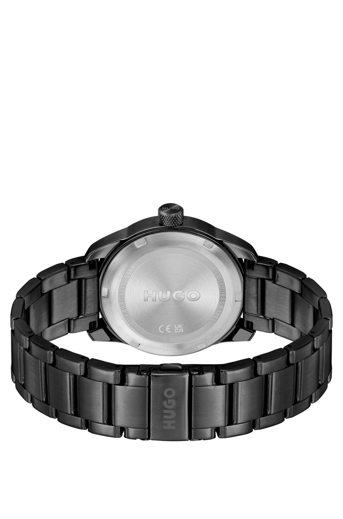 Black-plated watch with link bracelet, Black