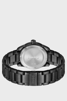 Black-plated watch with link bracelet, Black