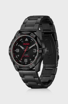 Black-plated watch with link bracelet, Black