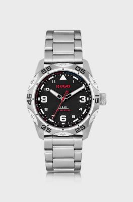 Black-dial watch with stainless-steel link bracelet, Silver
