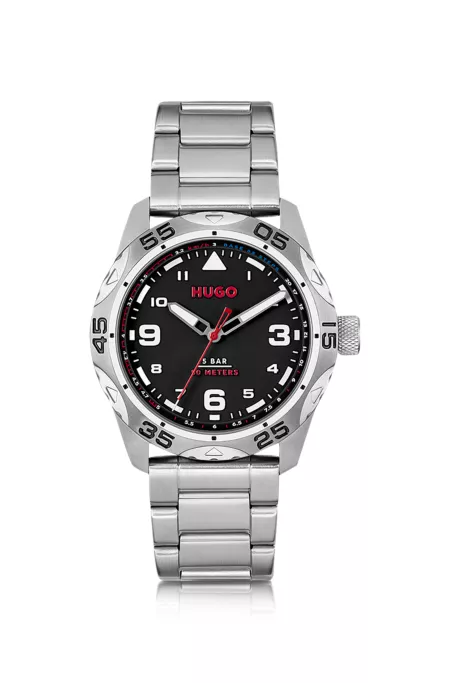 Black-dial watch with stainless-steel link bracelet