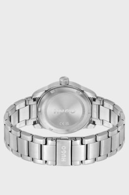 Black-dial watch with stainless-steel link bracelet, Silver